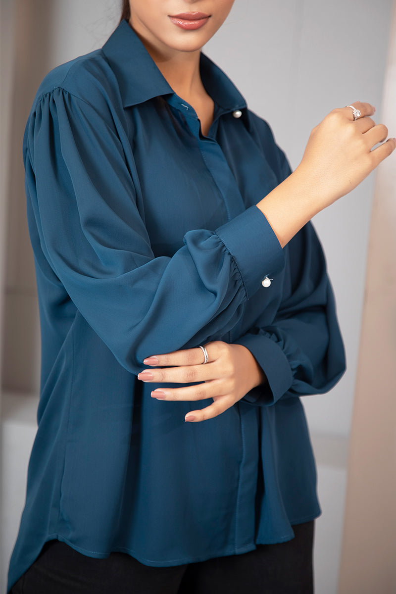 Showstopper Sea Blue Cherry georgette Shirt Women 1223 000279