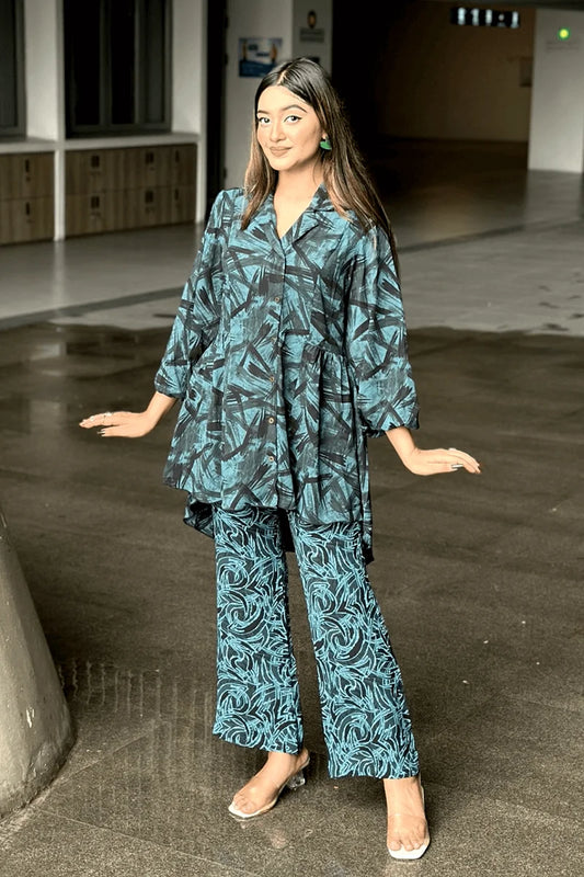 Showstopper Teal Brushstroke Loose Fitted Co-ord Set 0525 000388