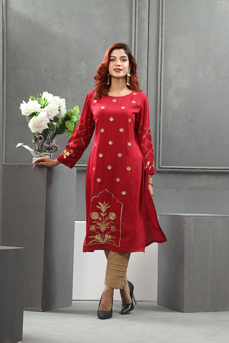 Showstopper Maroon Red Crepe Silk Kurti Women M07